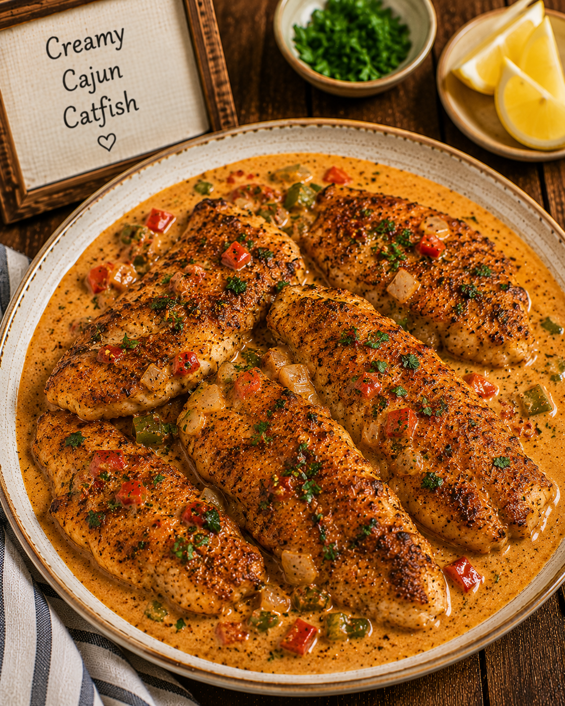 Creamy Cajun catfish fillets in a rich sauce with diced peppers and herbs on a round plate