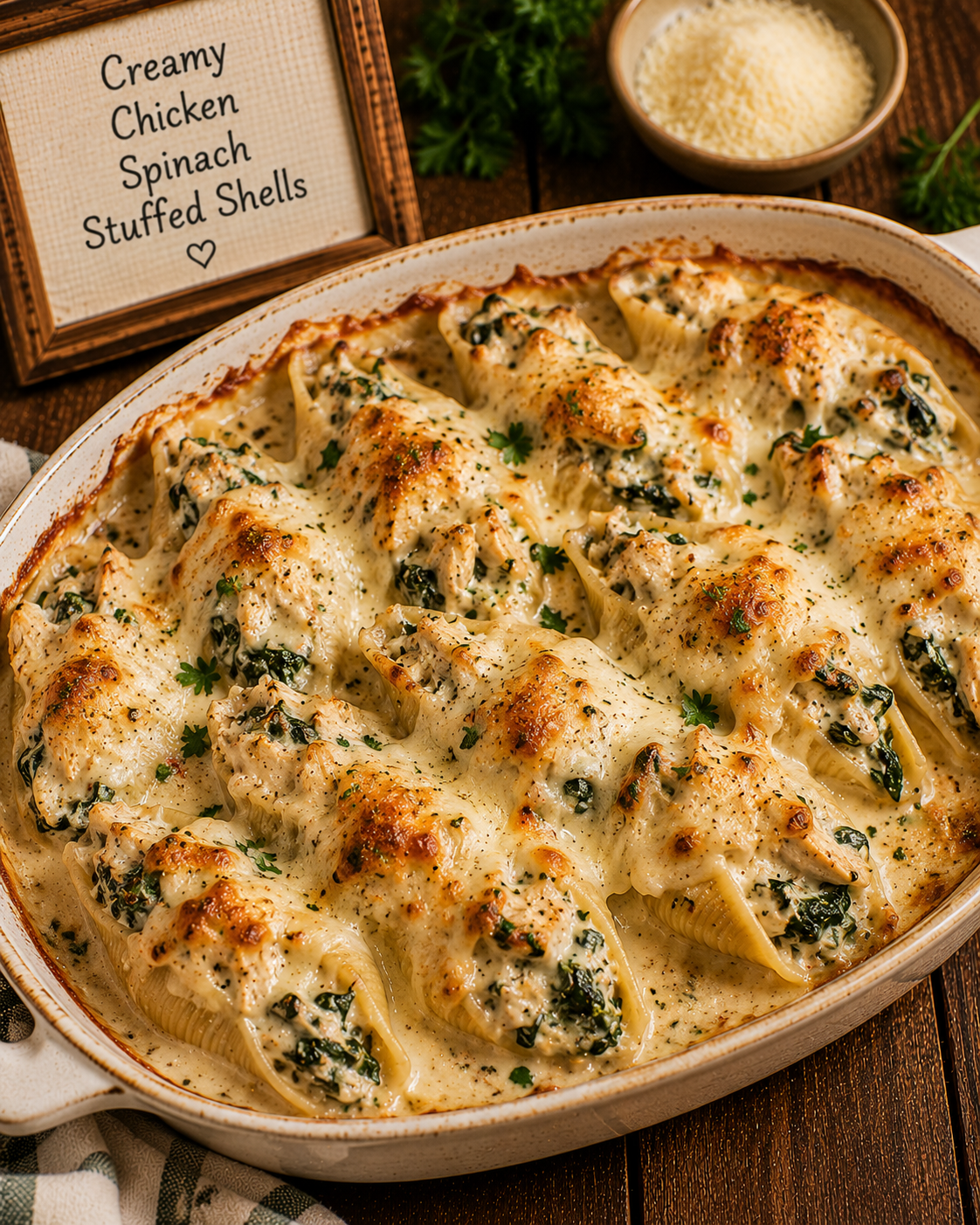 Creamy chicken and spinach stuffed shells topped with cheese in a baking dish.