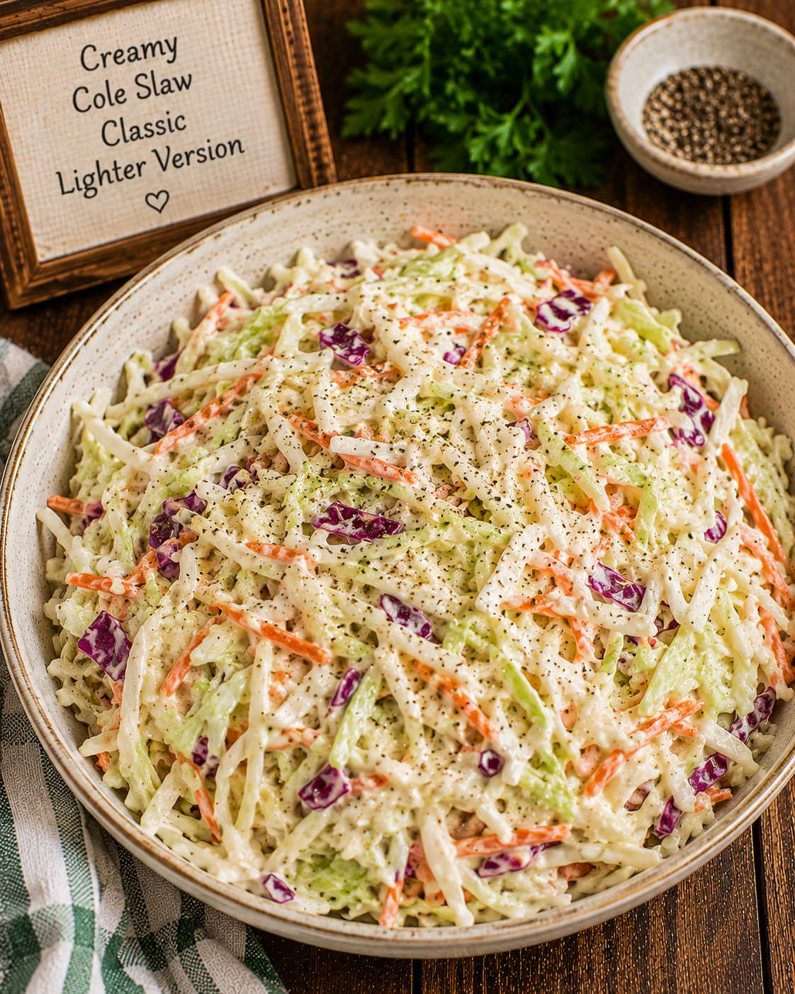 Bowl of creamy coleslaw with shredded cabbage and carrots, sprinkled with pepper, on a wooden table beside a sign reading 'Creamy Cole Slaw Classic Lighter Version'.