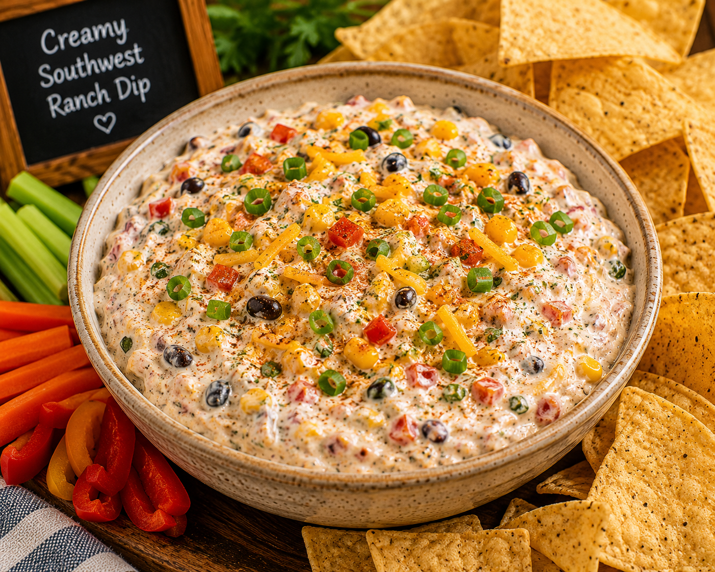 Creamy Southwest Ranch Dip in a bowl topped with corn, peppers, olives, and green onions, surrounded by tortilla chips and veggie sticks.