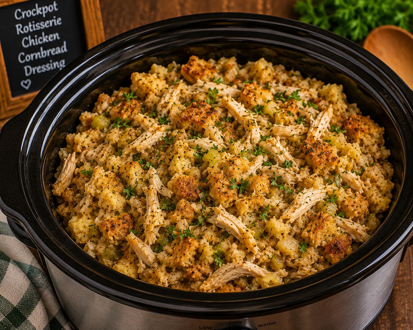 Slow cooker filled with shredded chicken and herb stuffing, garnished with parsley pieces.