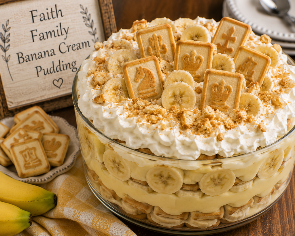 Banana cream cake topped with whipped cream, banana slices, and decorative cookies arranged on top. A wooden sign reads 'Faith, Family, Banana Cream Pudding'.