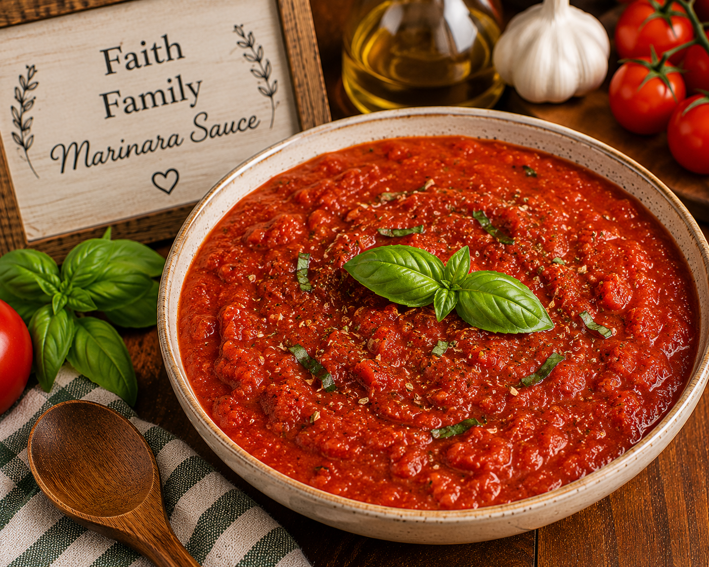 Bowl of chunky marinara sauce garnished with basil leaves on a wooden table, with a rustic sign reading 'Faith Family Marinara Sauce' nearby.