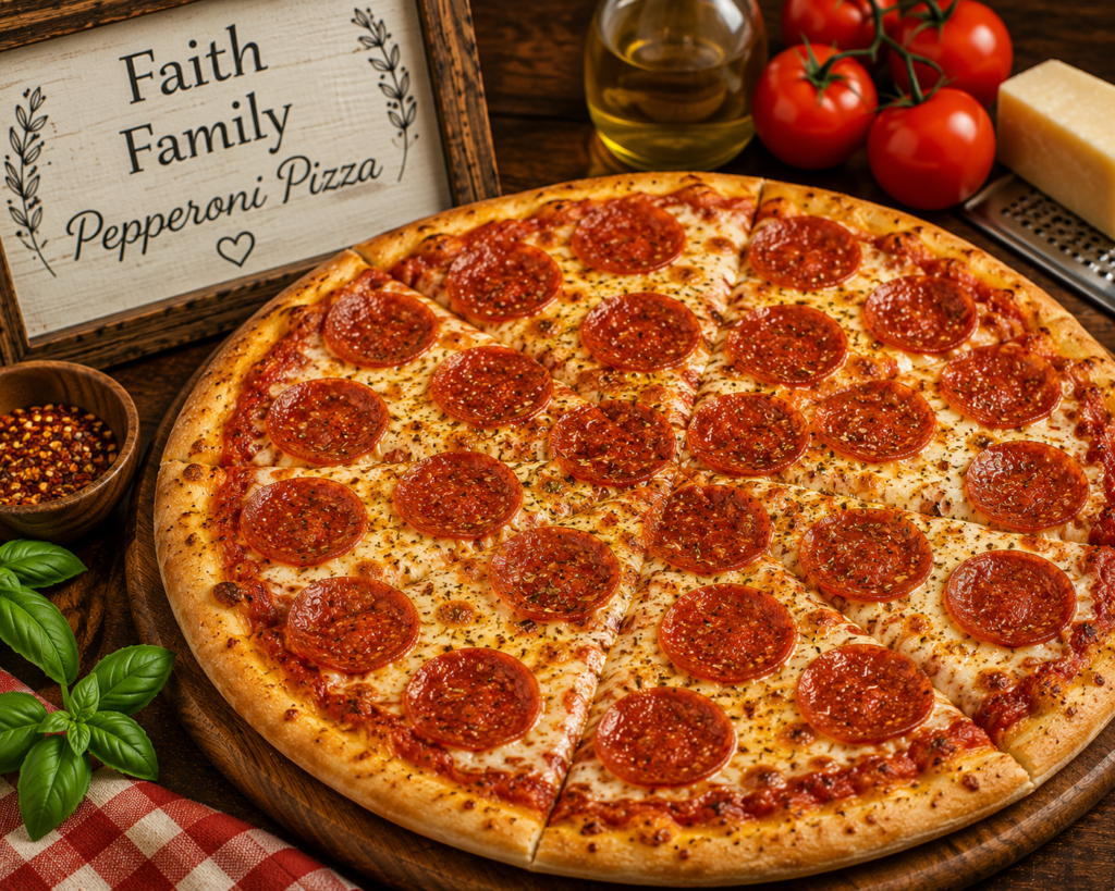 Pepperoni pizza on a wooden board with a sign reading 'Faith Family Pepperoni Pizza' and fresh tomatoes nearby.