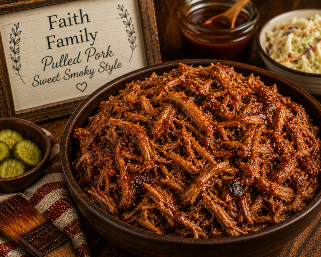 Bowl of glossy pulled pork in a dark sauce with pickles and coleslaw nearby; sign reads 'Faith Family Pulled Pork Sweet Smoky Style' in the background.