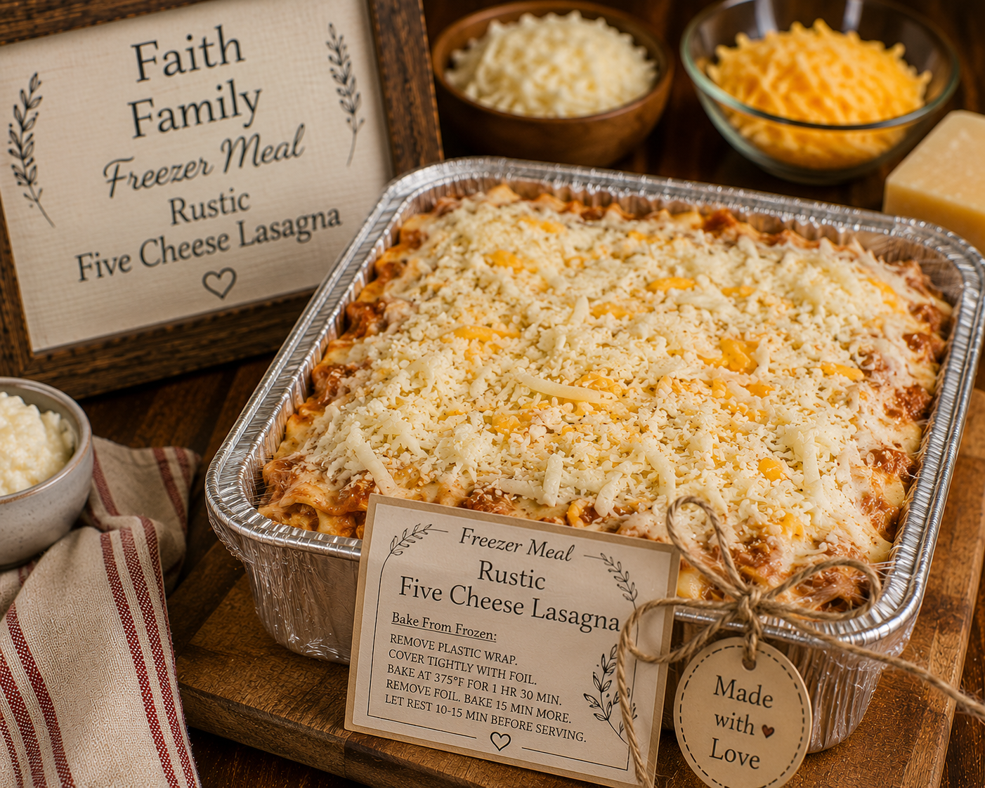 Foil tray of rustic five-cheese lasagna topped with cheese, with a 'Freezer Meal' sign nearby.