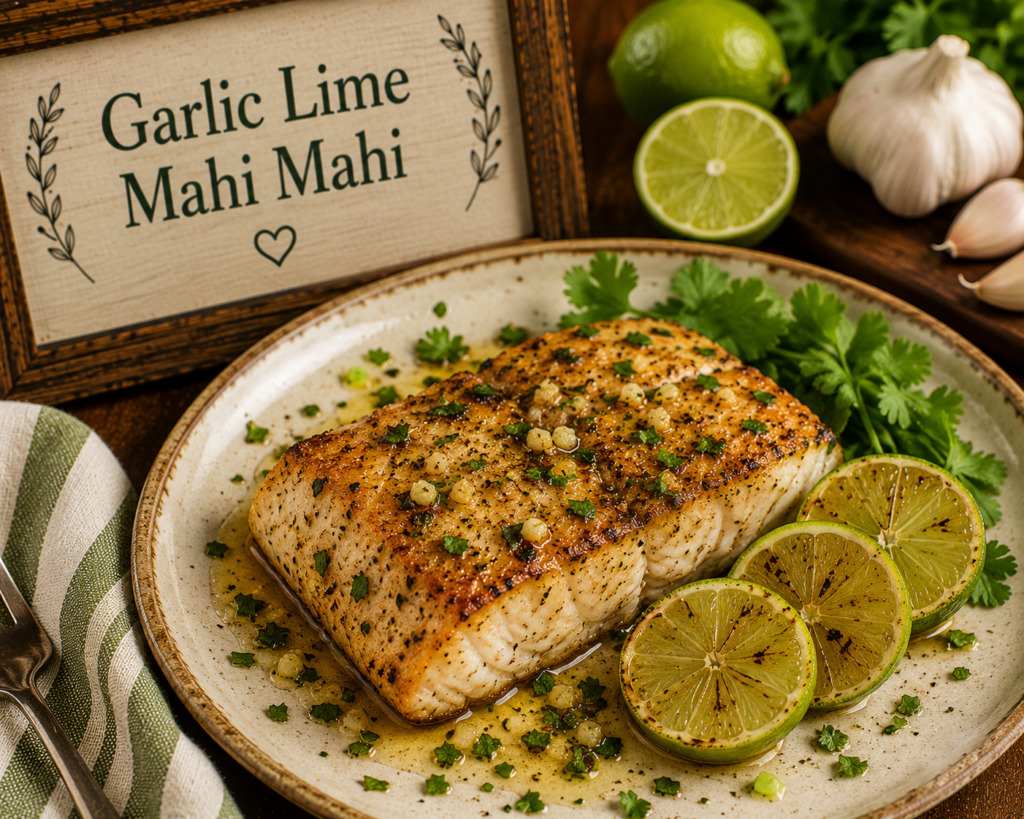 Seared mahi mahi fillet with garlic, lime and herbs on a plate, with lime wedges and parsley garnish.