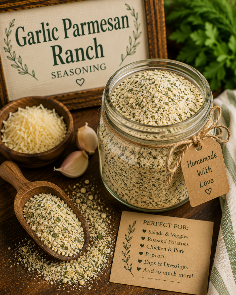 Jar of garlic parmesan ranch seasoning with a 'Homemade With Love' tag, surrounded by garlic and cheese.