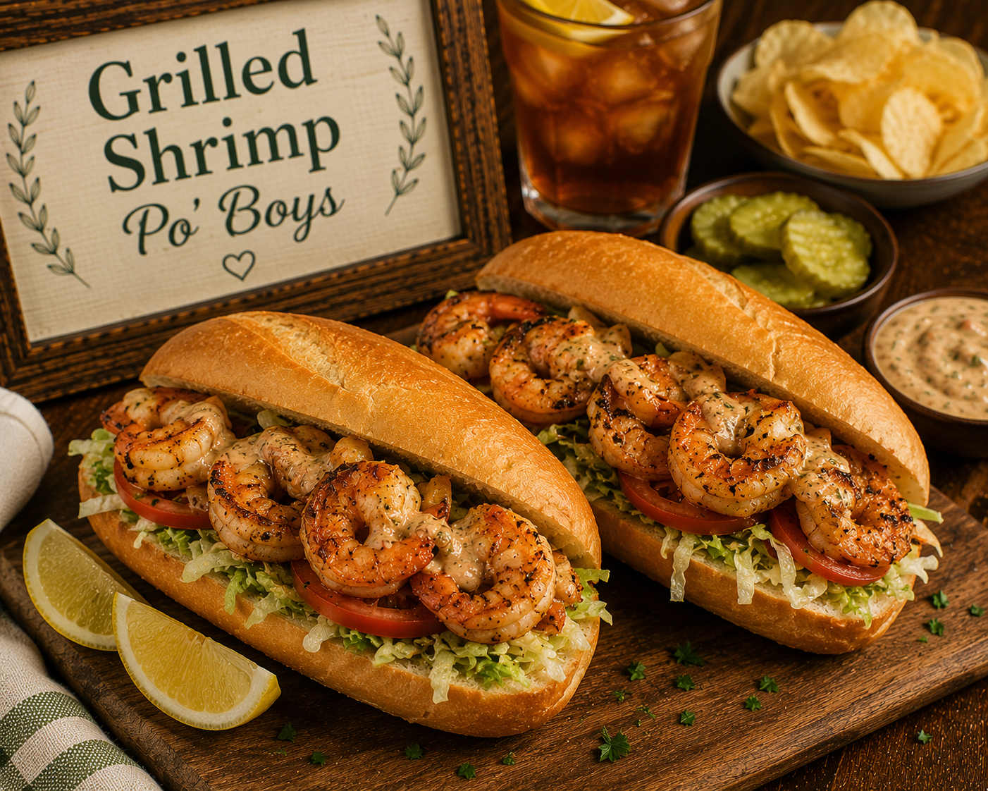 Two shrimp po’ boy sandwiches on a wooden board, filled with lettuce, tomato, and seasoned grilled shrimp, with lemon wedges, pickles, chips, and dipping sauce nearby.