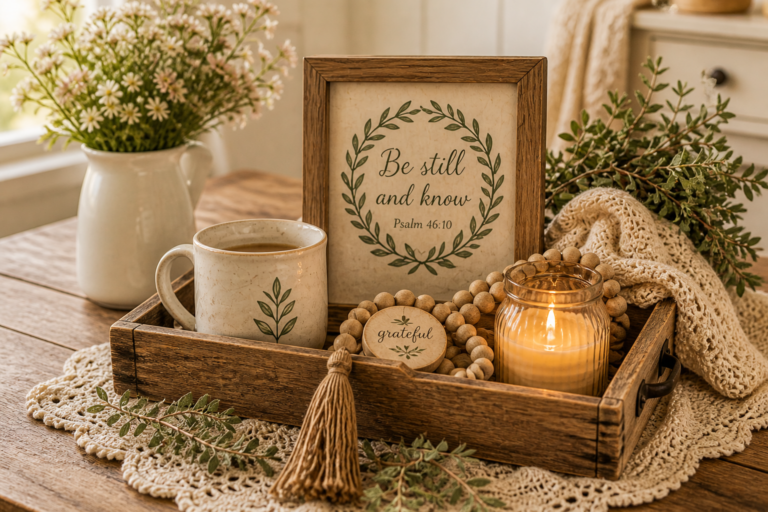 Wooden tray with a mug, framed verse saying'Be still and know', a lit candle, wooden beads, and greenery on a lace doily.