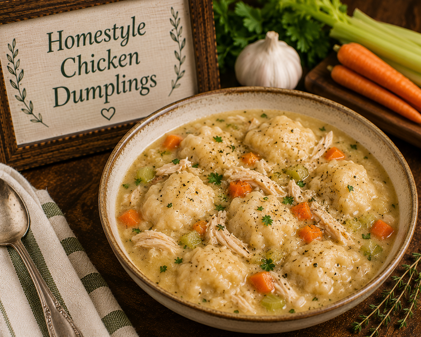 Bowl of creamy chicken dumpling soup with carrots and celery, garnished with parsley, beside a sign that says 'Homestyle Chicken Dumplings'.
