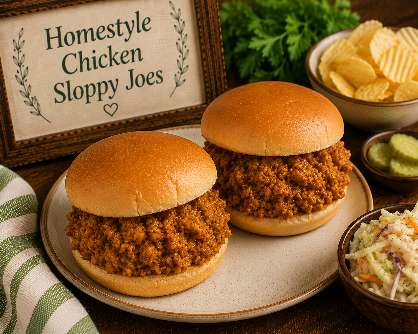 Two chicken sloppy Joe sandwiches on a plate with chips, pickles, and coleslaw, backdrop shows a sign reading 'Homestyle Chicken Sloppy Joes'