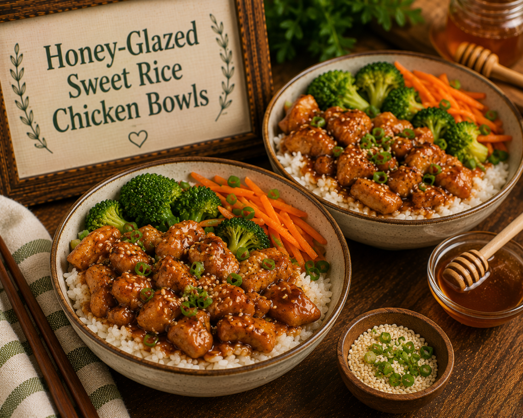 Two bowls of honey-glazed chicken bites served over white rice with broccoli and shredded carrots, garnished with sesame and green onions.