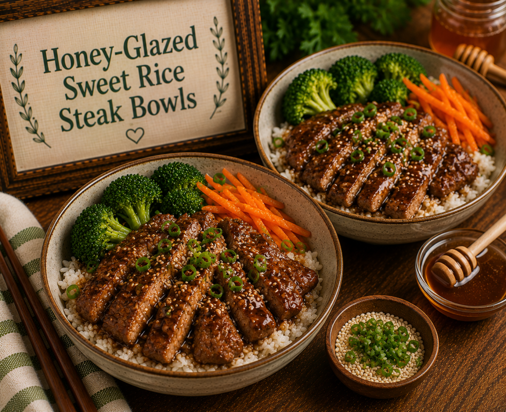 Two bowls of honey-glazed steak over rice with broccoli, julienned carrots, sesame seeds, and green onions.