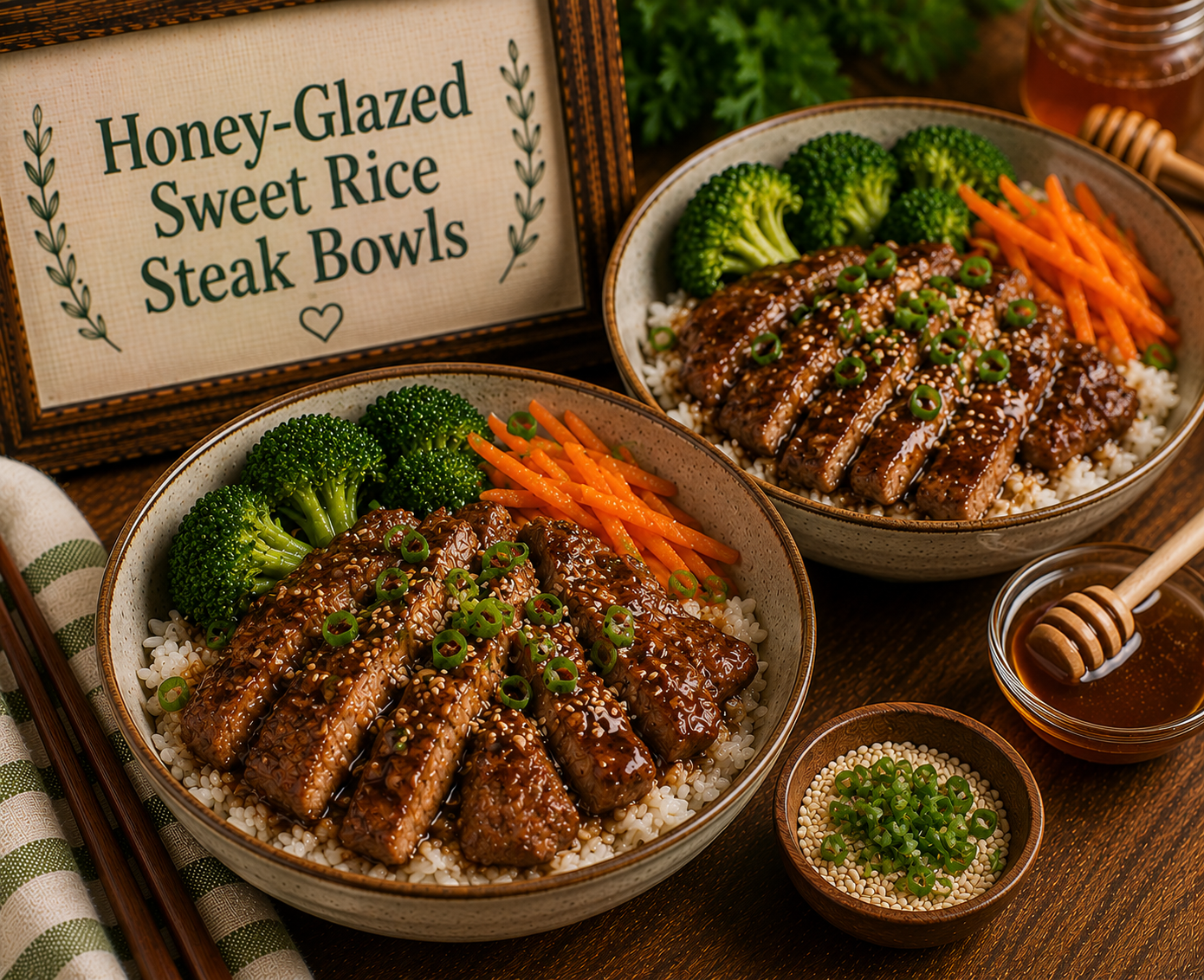 Two bowls of honey-glazed steak over rice with broccoli, julienned carrots, sesame seeds, and green onions.