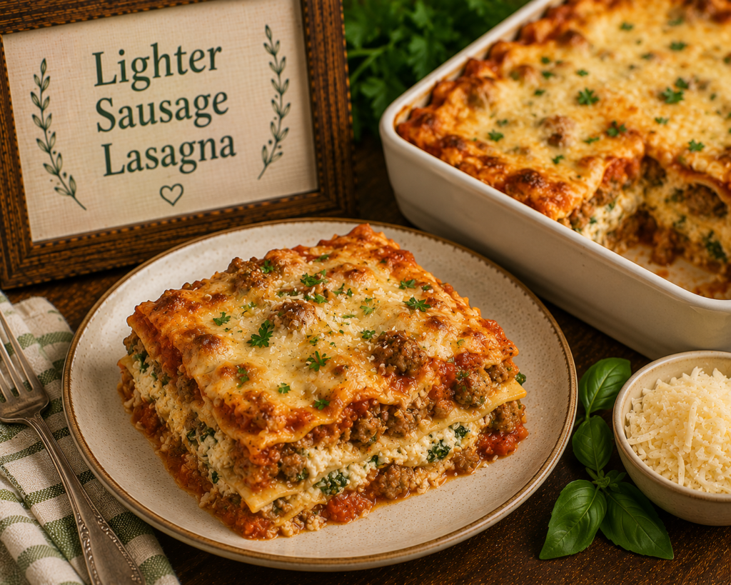 Sliced lighter sausage lasagna on a beige plate, melted cheese and parsley on top, with a baking dish in the background.