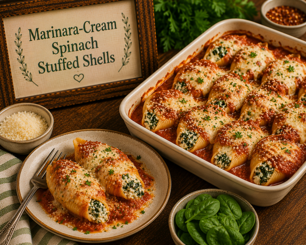 Baked spinach and cheese stuffed shells in marinara sauce, topped with melted cheese and parsley garnish on a rustic plate and pan.