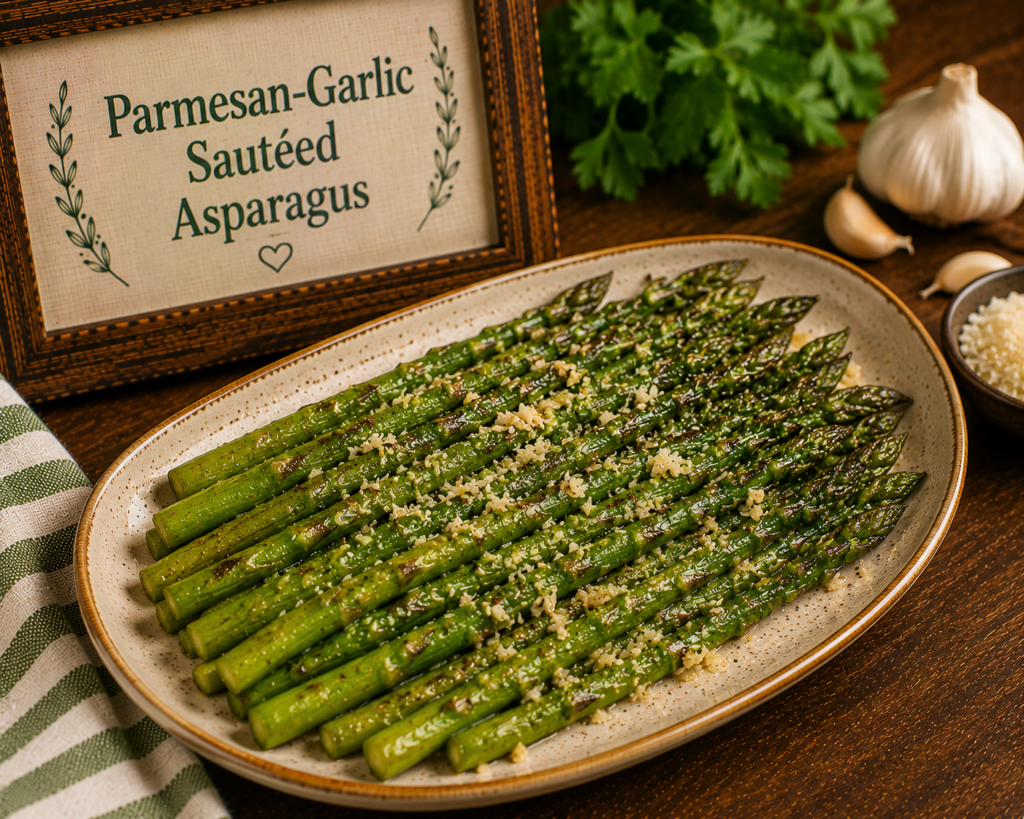 Parmesan-garlic sautéed asparagus on a speckled platter with minced garlic, parsley in the background and a sign reading the dish name nearby.