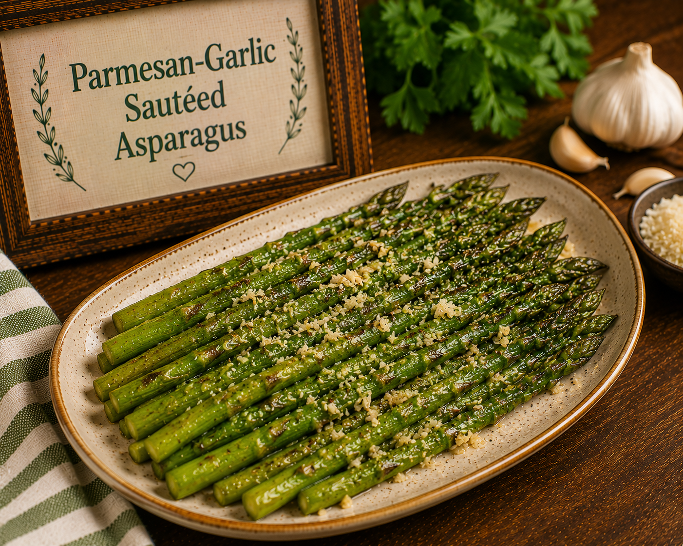 Parmesan-garlic sautéed asparagus on a speckled platter with minced garlic, parsley in the background and a sign reading the dish name nearby.