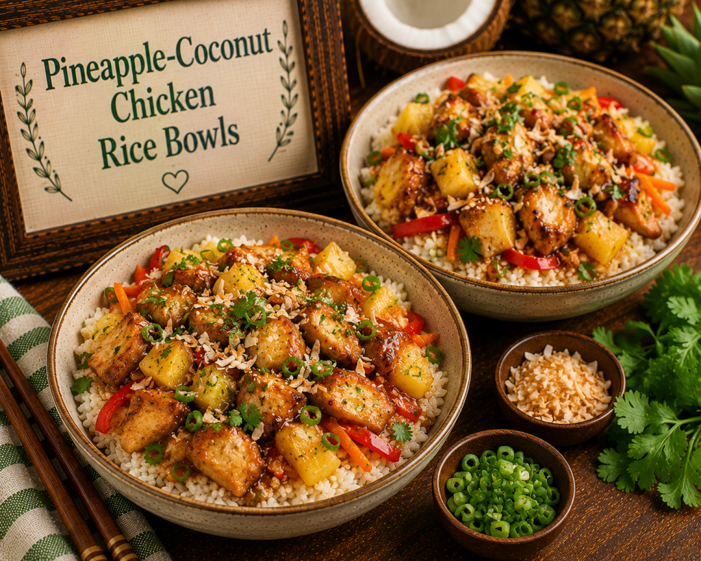 Two bowls of pineapple-coconut chicken over white rice with pineapple chunks, peppers, green onions, sesame, and cilantro garnish.