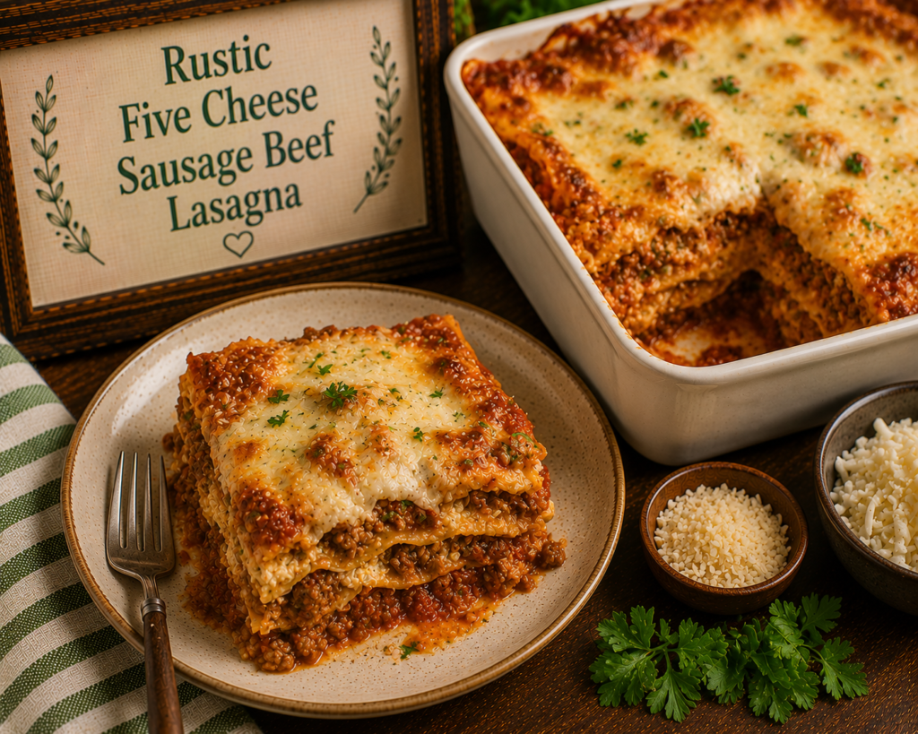 Slice of rustic five-cheese lasagna with beef and sausage on a plate, with a baking dish and sign in the background