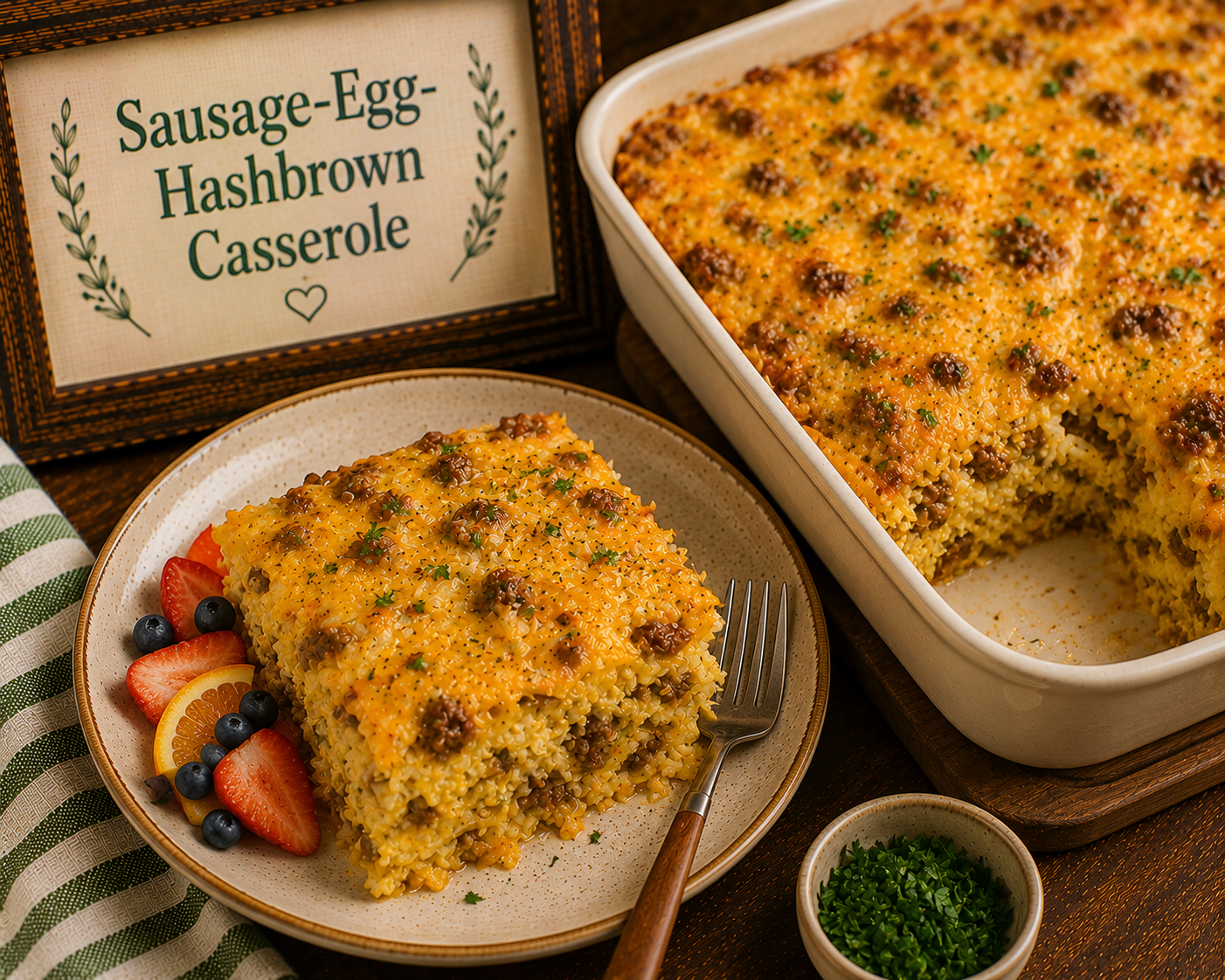 Sausage-egg hashbrown casserole in a baking dish with a plated slice and fresh fruit on the side