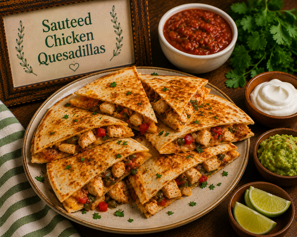 Plate of quesadillas filled with sautéed chicken and veggies, served with salsa, sour cream, guacamole, and lime wedges.