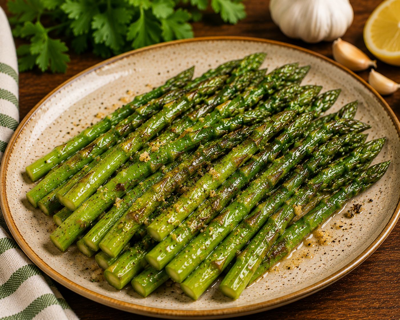 sauteed-fresh-asparagus - Simple Living Faith Glazed green asparagus spears arranged on a speckled beige plate with garlic bits.