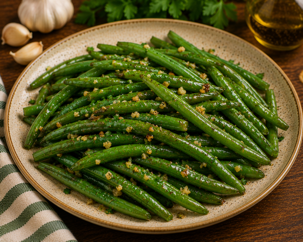 Plate of sautéed green beans tossed with garlic and olive oil, garnished with crumbs and herbs on a speckled beige plate