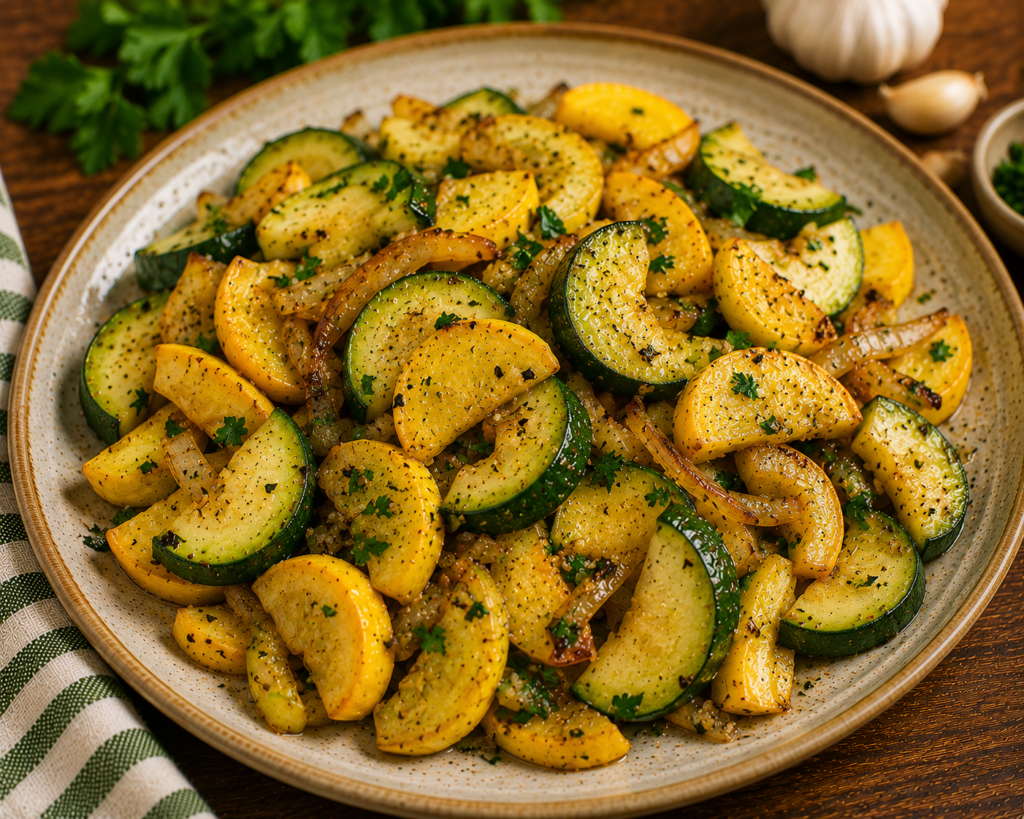 Roasted zucchini and yellow squash wedges with onions, garnished with parsley on a beige plate.