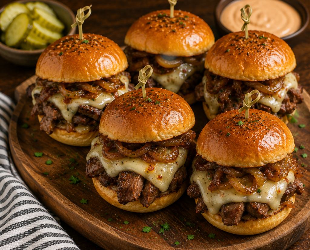 Six cheeseburger sliders with melted cheese and caramelized onions on a round wooden board