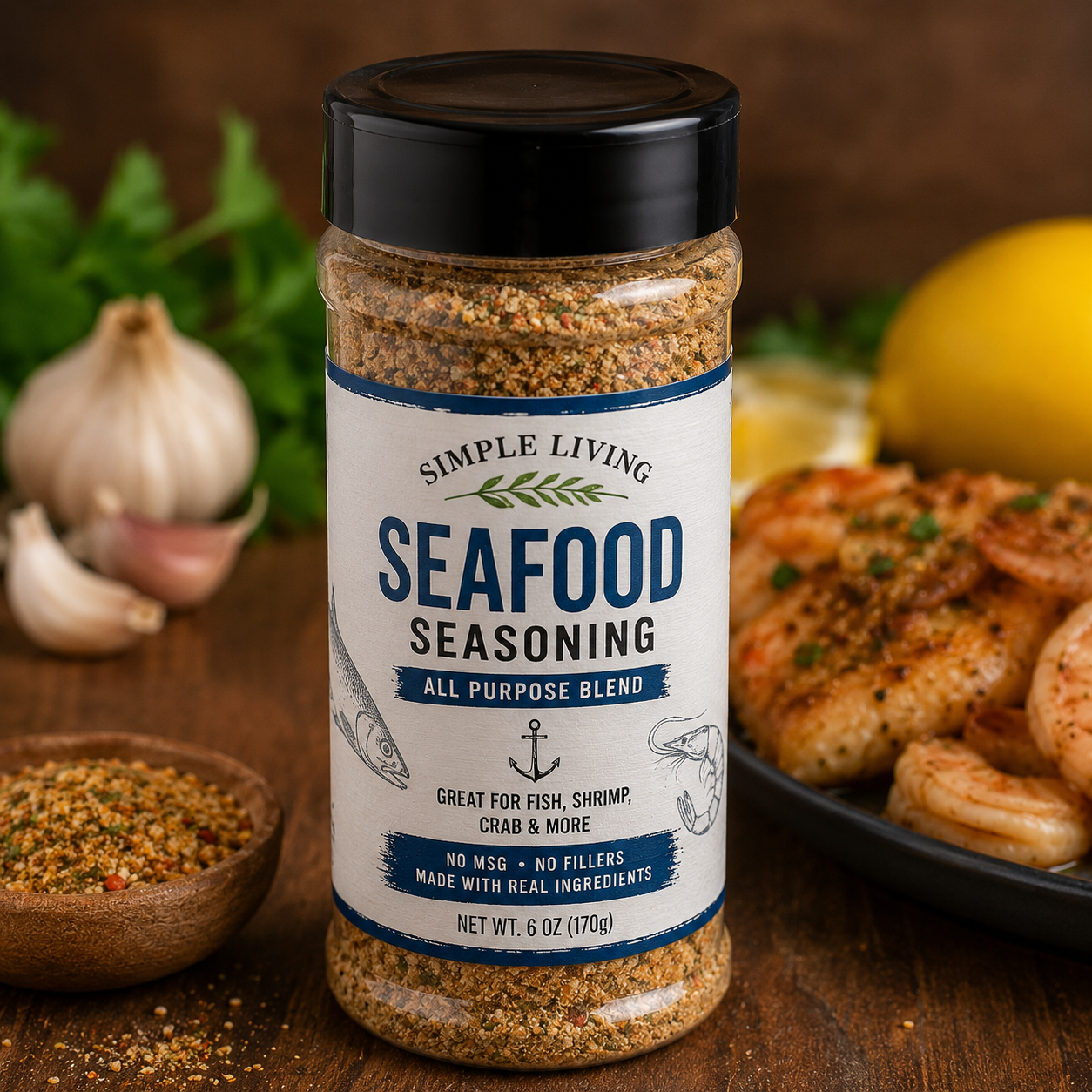 Bottle of Simple Living Seafood Seasoning All-Purpose Blend on a wooden surface, with label showing fish and anchor illustrations.