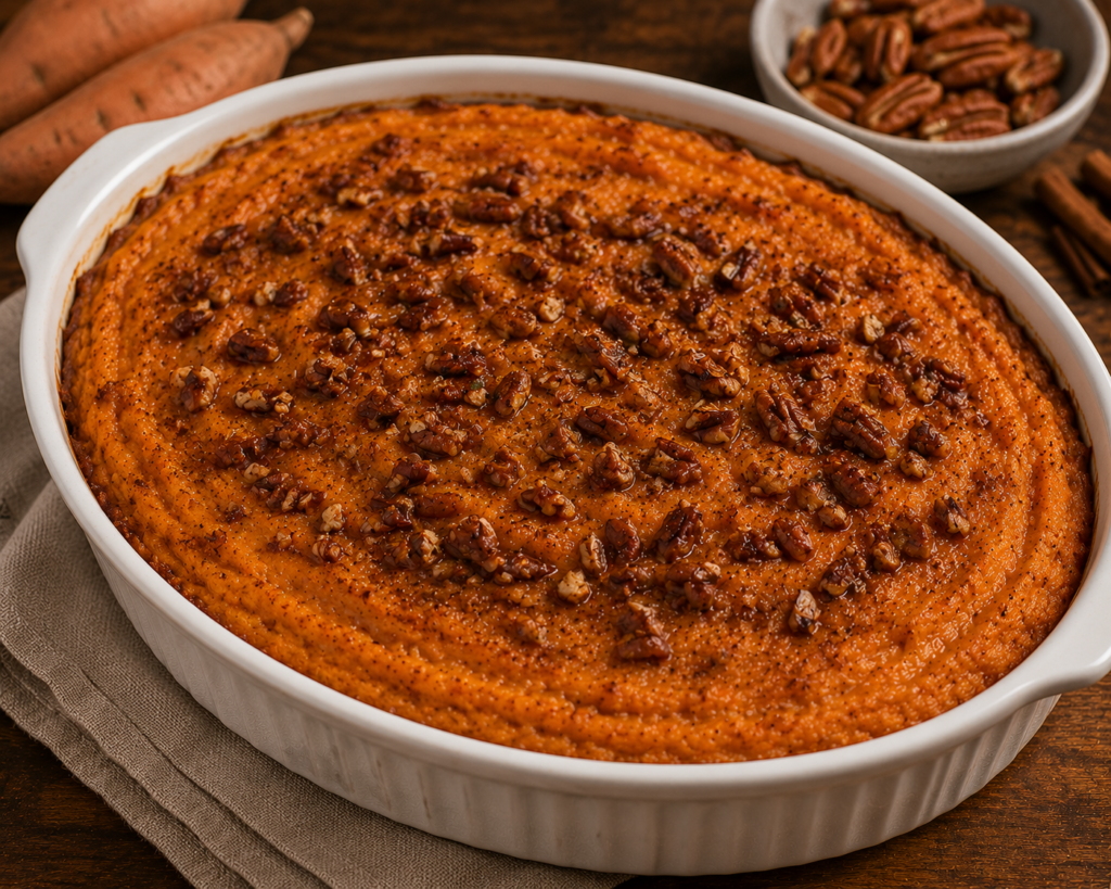 Sweet potato casserole with a brown sugar pecan topping in a white baking dish.