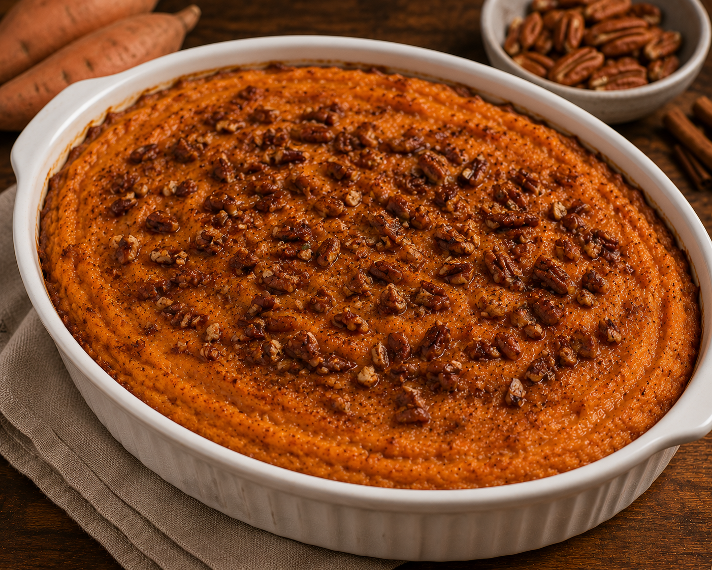 Sweet potato casserole with a brown sugar pecan topping in a white baking dish.