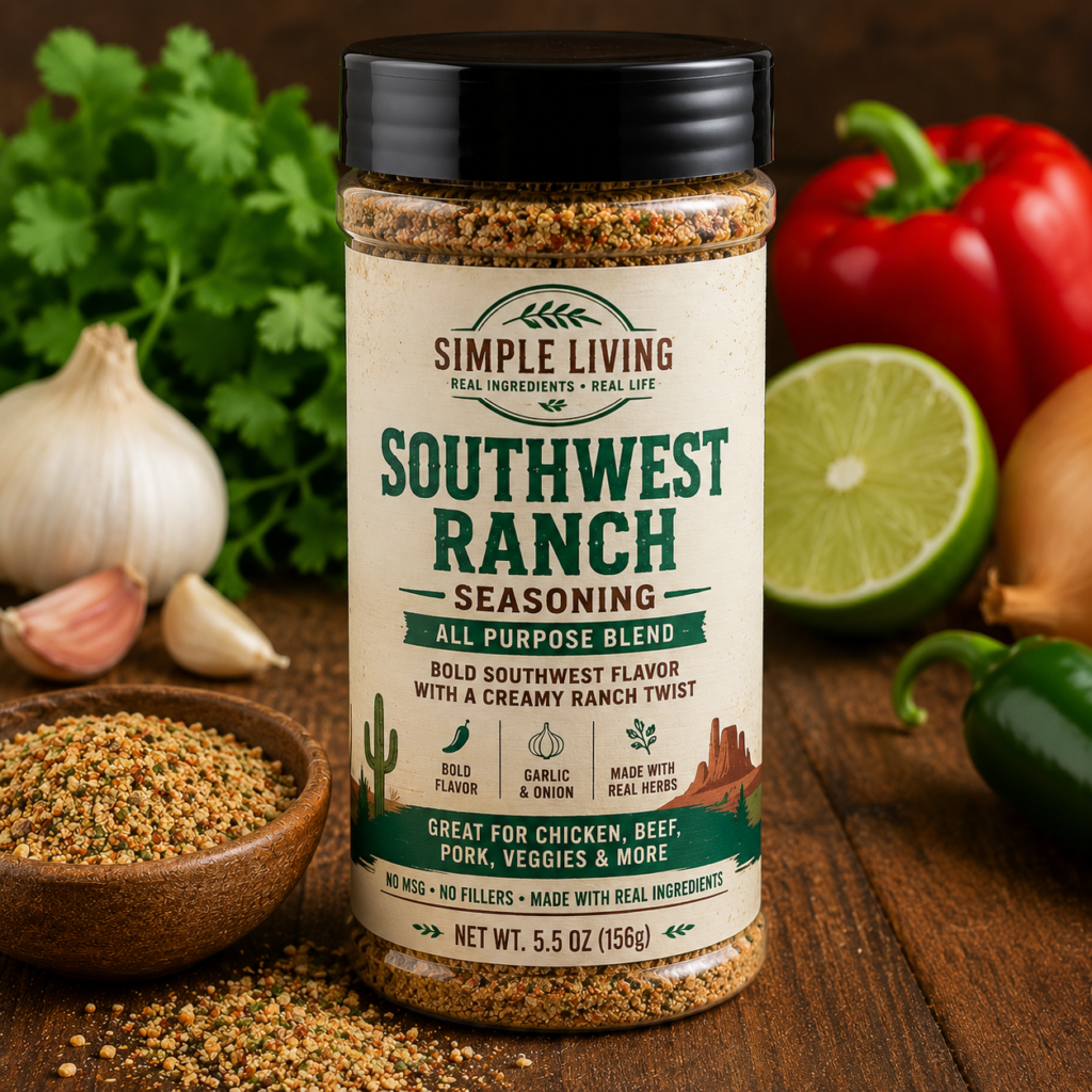 Jar of Southwest Ranch all-purpose seasoning labeled Simple Living, surrounded by fresh vegetables (garlic, lime, red and green peppers, cilantro).