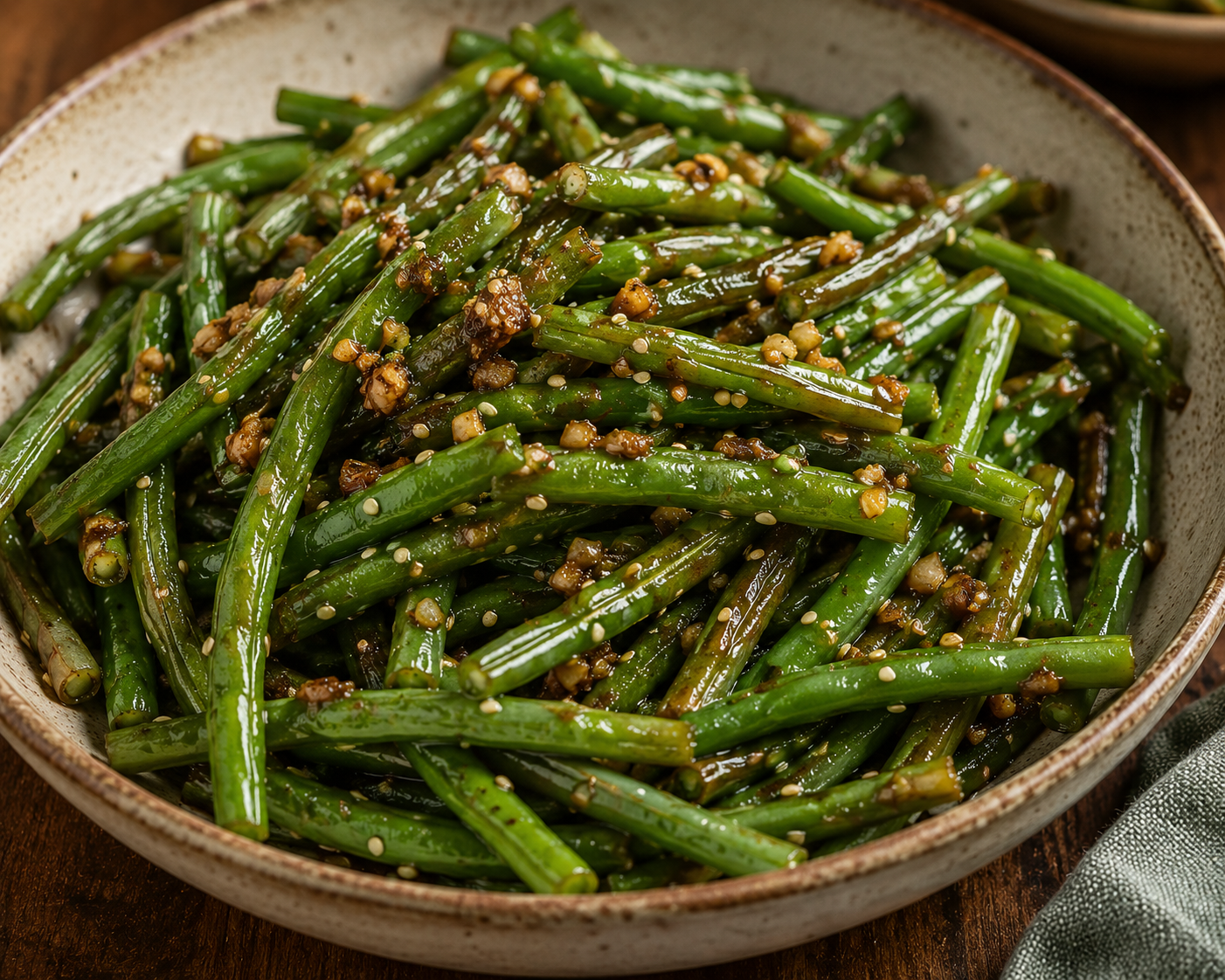 Sautéed green beans topped with garlic bits and sesame seeds in a rustic bowl