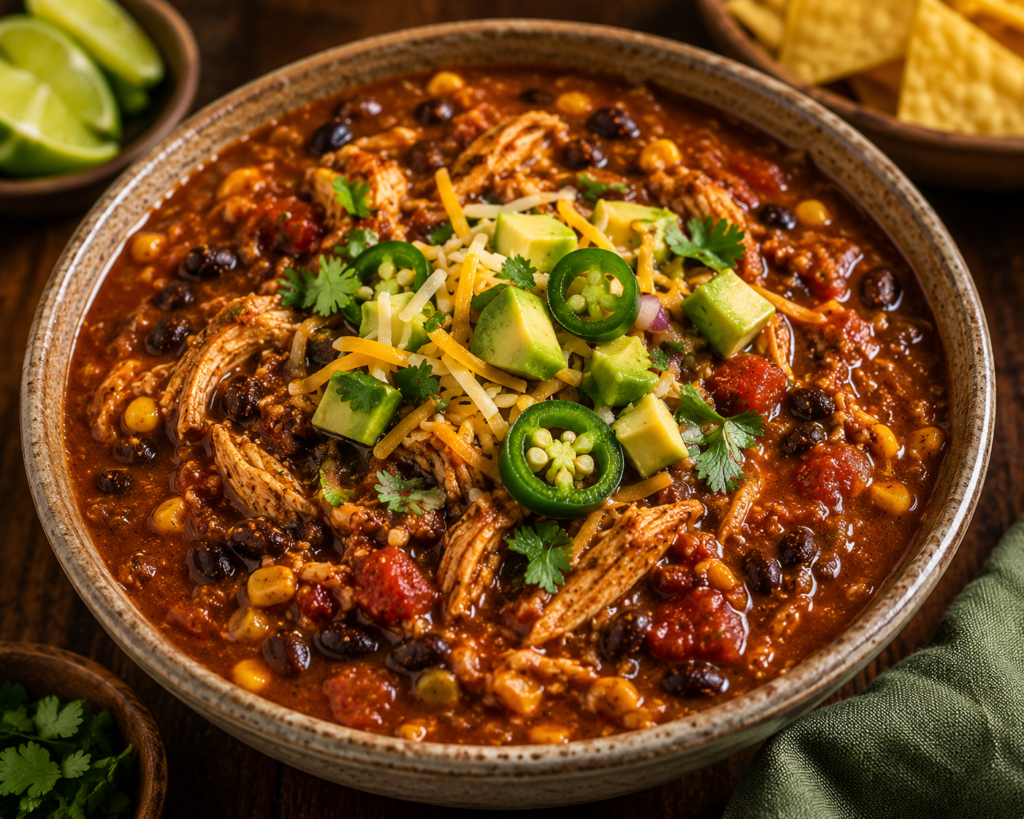 Bowl of hearty chili with shredded chicken, black beans, corn, cheese, avocado cubes, cilantro, and jalapeño slices on top.