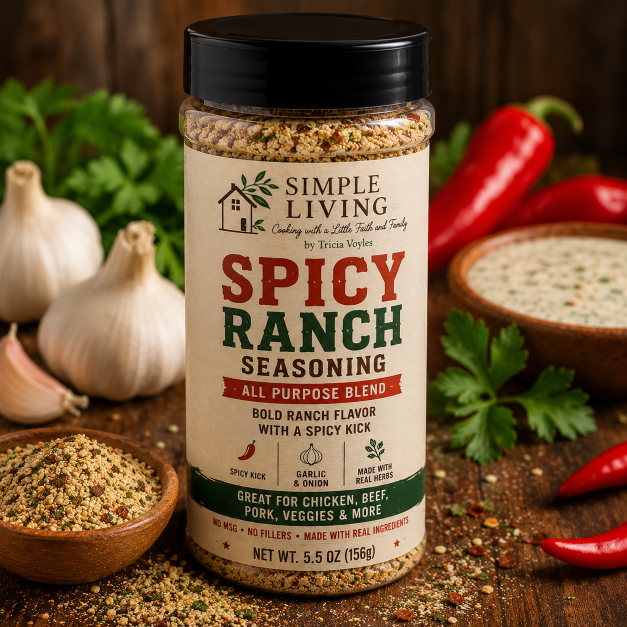 Jar of Simple Living Spicy Ranch seasoning on a wooden surface with garlic, peppers and herbs nearby; label reads 'SPICY RANCH SEASONING' and 'ALL PURPOSE BLEND'