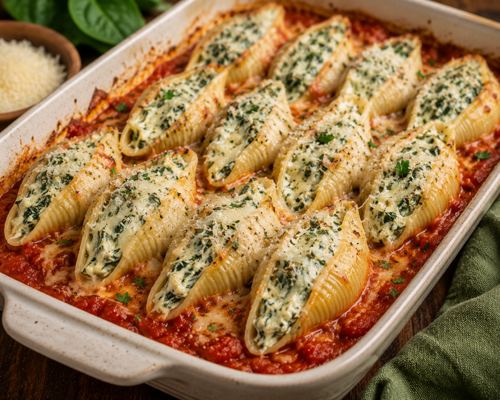 Baked pasta shells stuffed with spinach and cheese in a tomato sauce, sprinkled with herbs.