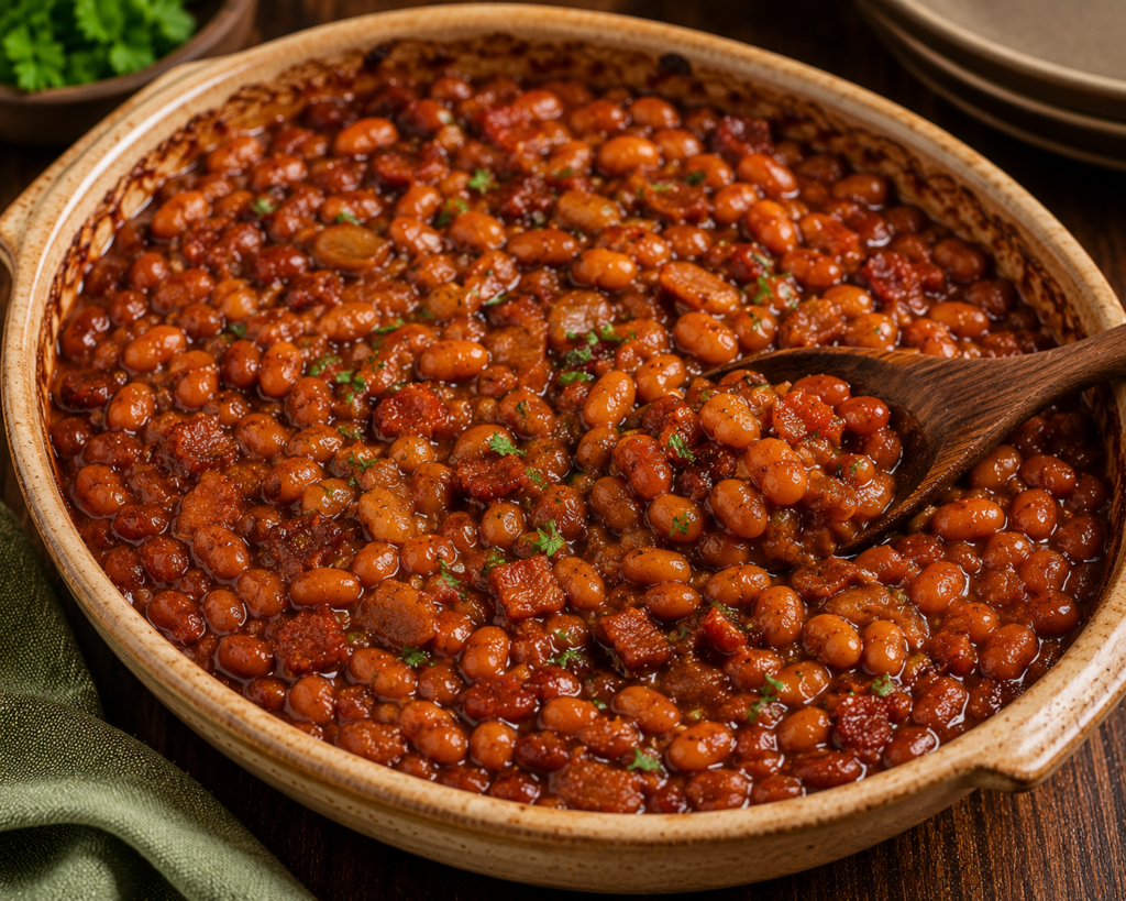 Braised red beans in tomato sauce, garnished with parsley, in a rustic ceramic dish with a wooden spoon. (informative)