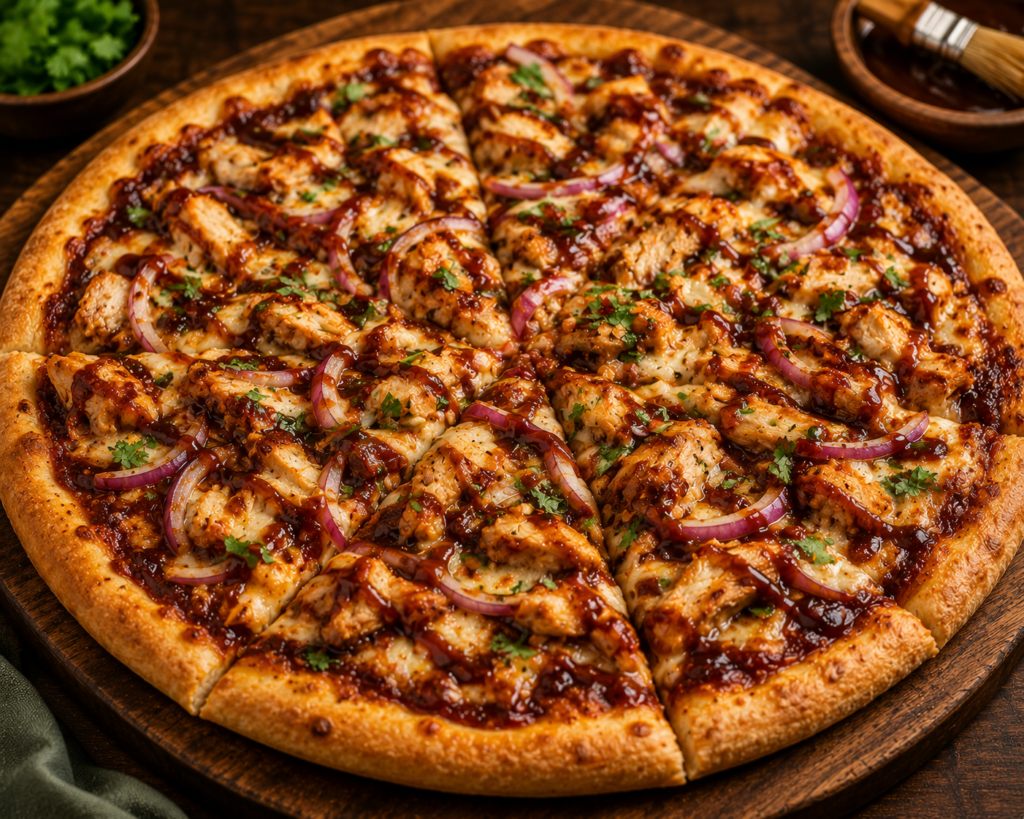 Pizza topped with grilled chicken, red onions, cilantro, and melted cheese on a thick crust served on a wooden board.