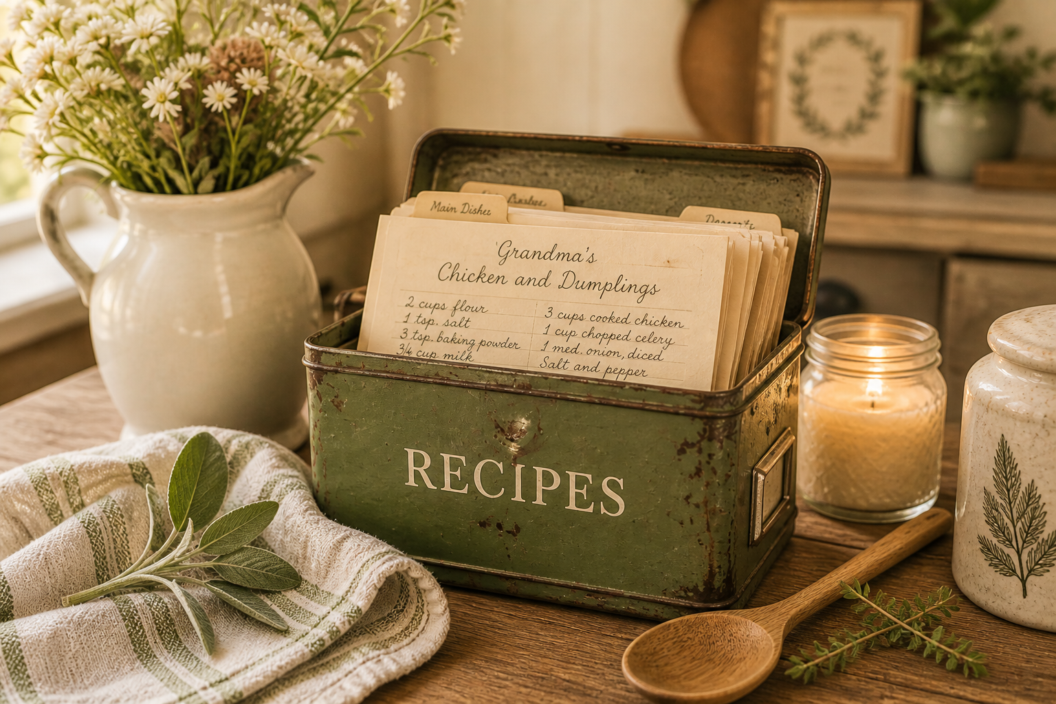 Open vintage green recipe tin with handwritten cards, on a wooden table near a vase of white daisies and a lit jar candle.