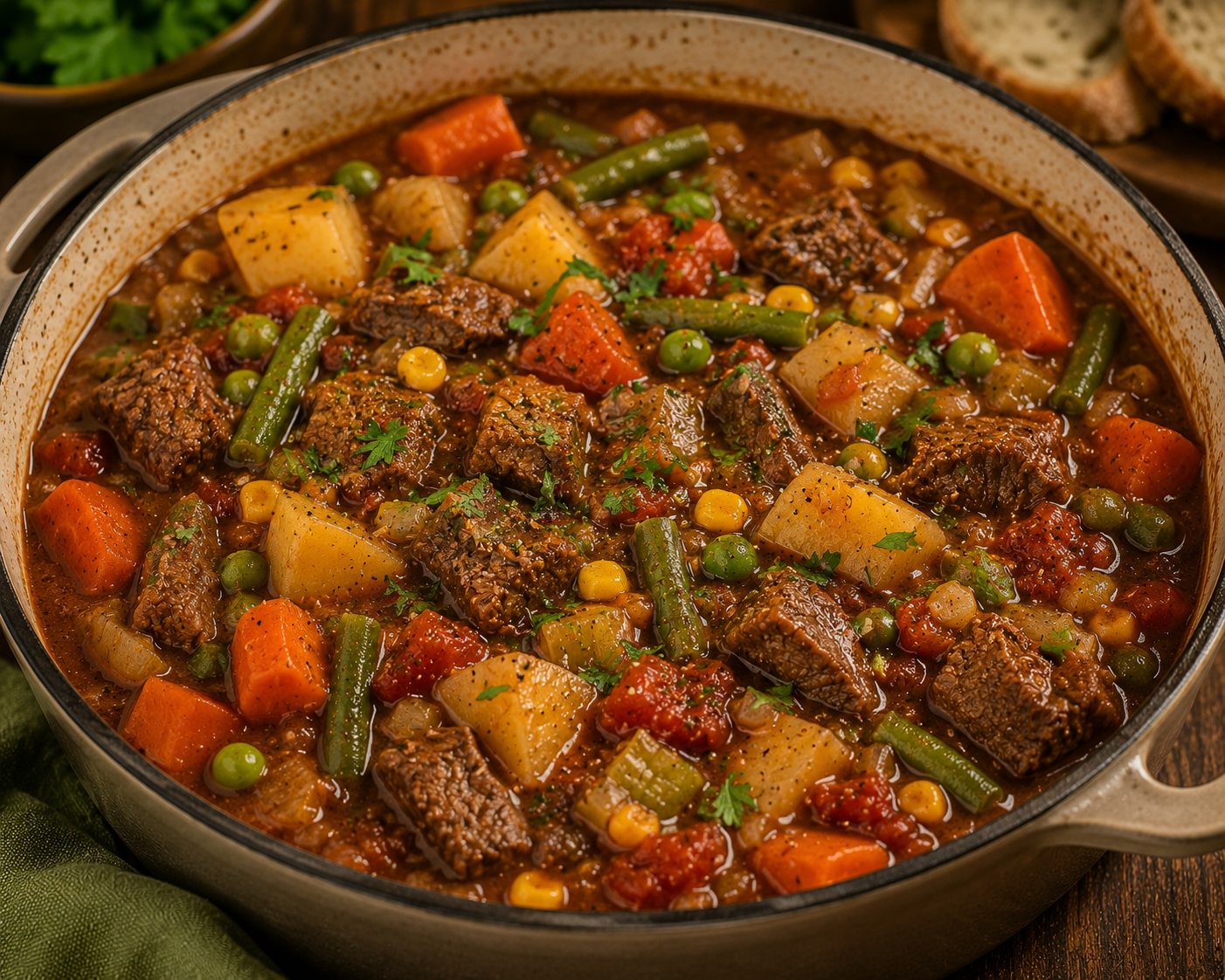 Beef stew with potatoes, carrots, corn, peas, and green beans in a tomato-based broth, garnished with parsley.