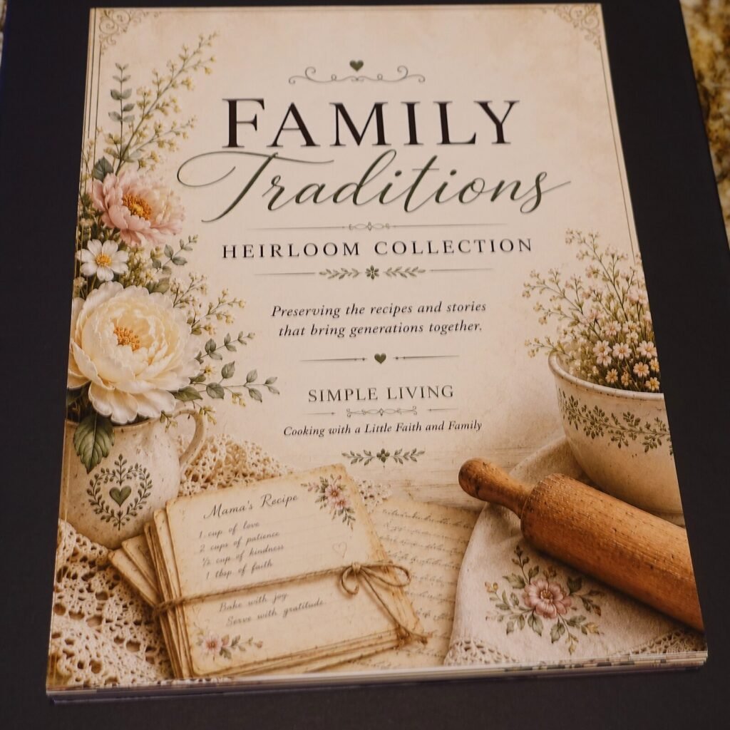 Cover of a vintage cookbook titled 'Family Traditions' with floral decorations and handwritten recipe cards on a lace cloth.