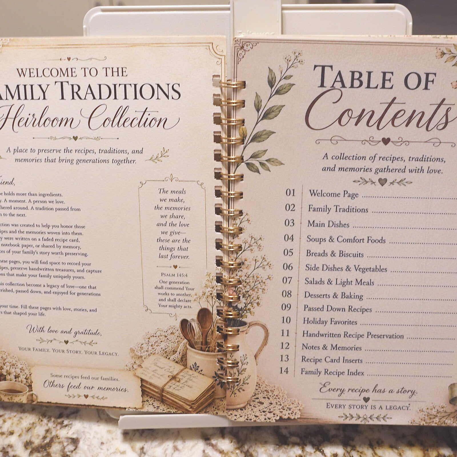 03-table-of-contents - Simple Living Faith Open, spiral-bound cookbook spread with 'Welcome to the Family Traditions Heirloom Collection' and a 'Table of Contents' page, adorned with floral designs.