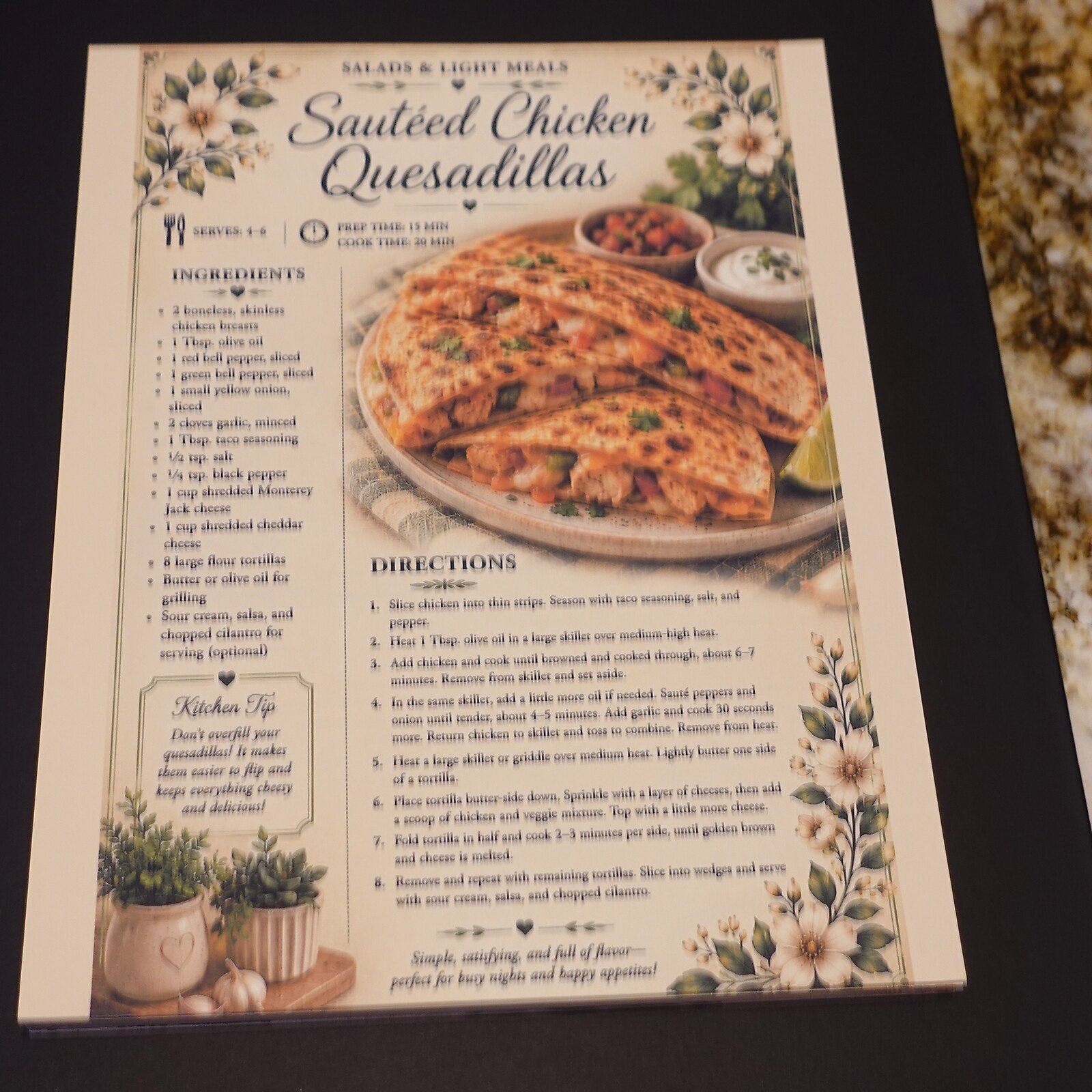 04-sample-recipe-page - Simple Living Faith Recipe page featuring sautéed chicken quesadillas with a large photo and side dishes on the right side of the page image.