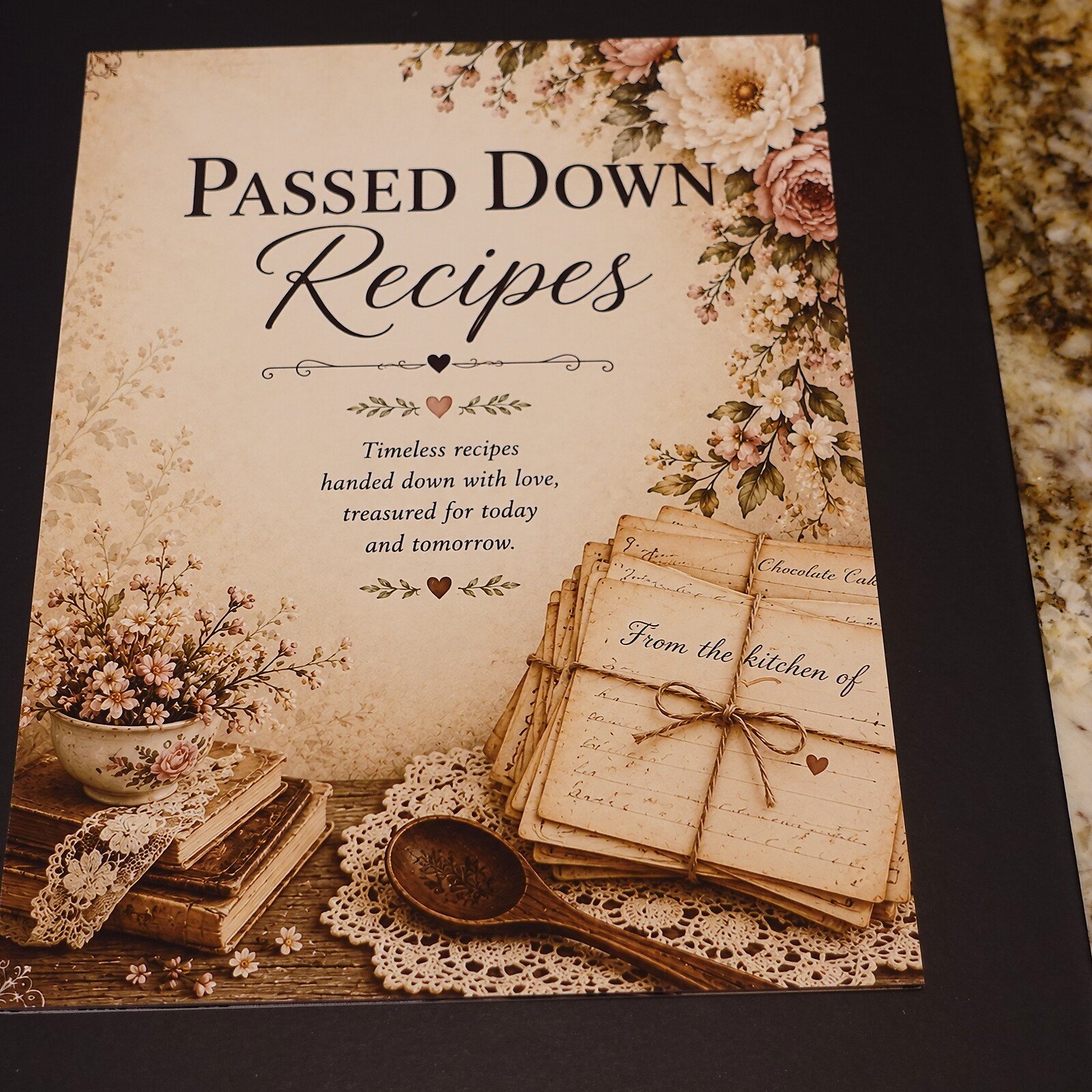 05-category-divider - Simple Living Faith Vintage-style poster reading 'Passed Down Recipes' with a floral border and a stack of antique handwritten recipe cards on a wooden table with lace.
