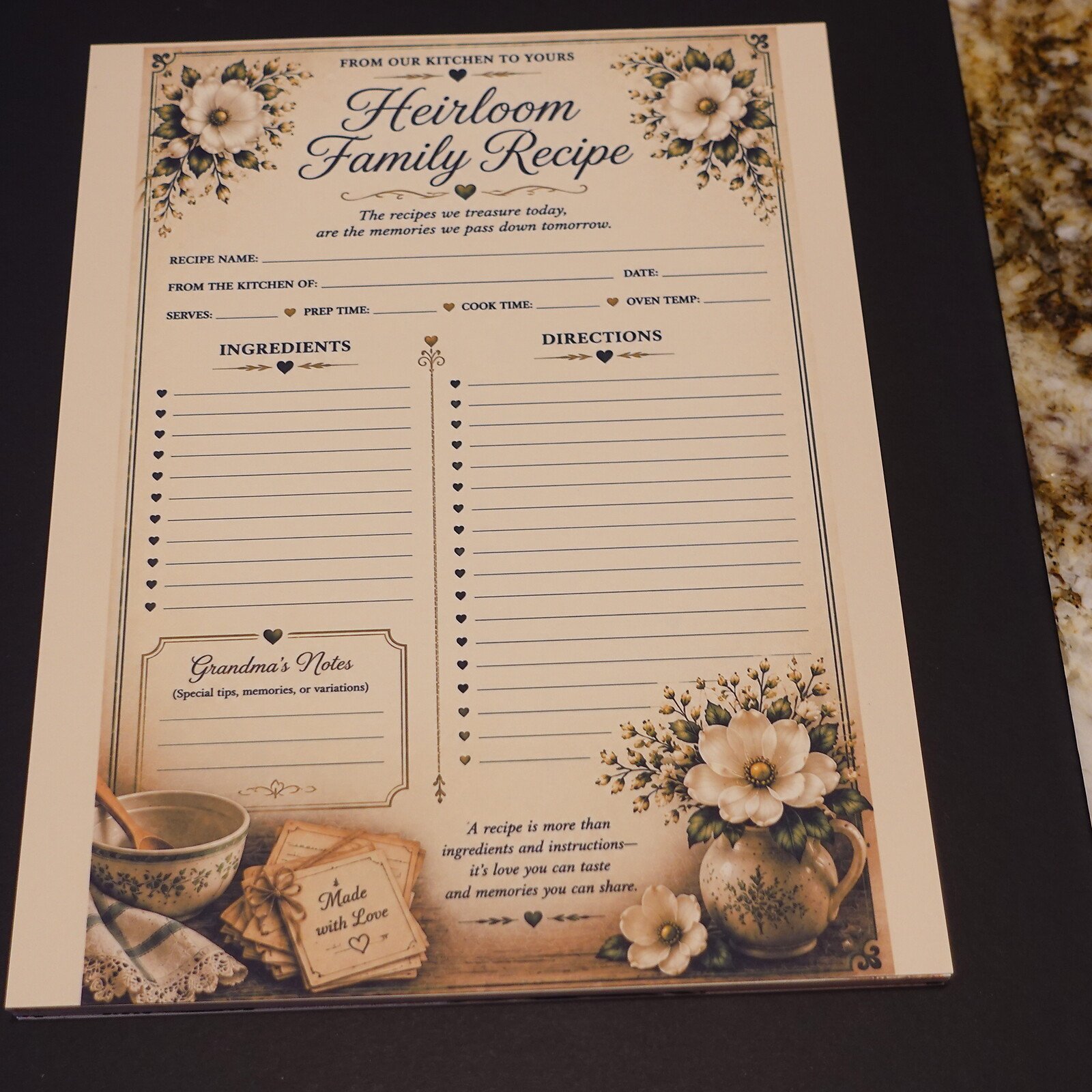 06-blank-recipe-template - Simple Living Faith Printable recipe card titled 'Heirloom Family Recipe' with floral borders and sections for Ingredients and Directions, laid on a dark surface