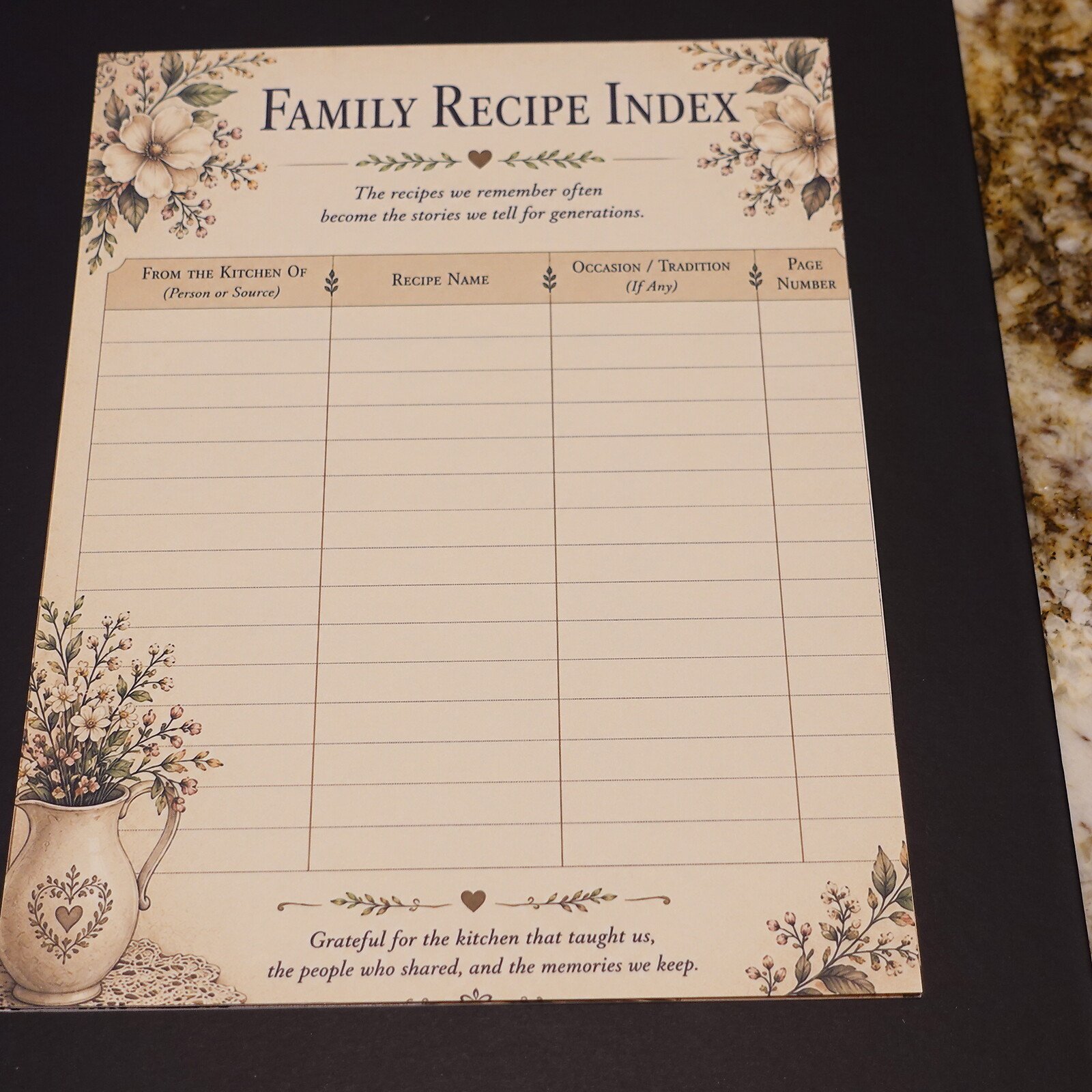 08-recipe-index - Simple Living Faith Recipe index page titled 'Family Recipe Index' with floral border and blank table for 'From the Kitchen Of', 'Recipe Name', 'Occasion/Tradition', and 'Page Number'.