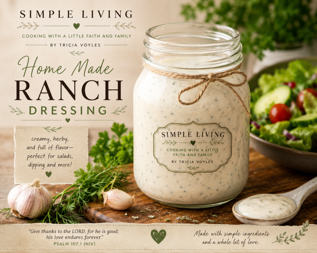 Jar of creamy herb ranch dressing labeled Simple Living, surrounded by garlic, fresh herbs, and a salad in the background.